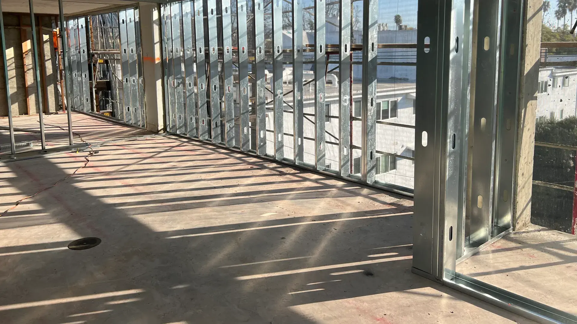 Metal stud window wall framing on an upper floor of a Los Angeles commercial build