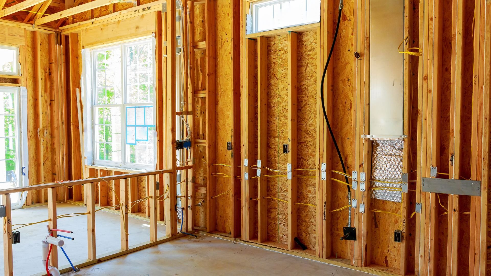 Interior of a house under construction with wooden framing and electrical wiring